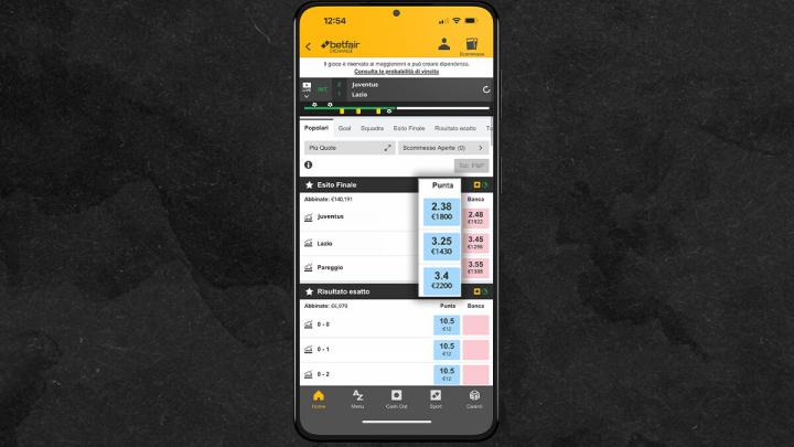 La sezione Punta nella schermata di Betting Exchange di Betfair